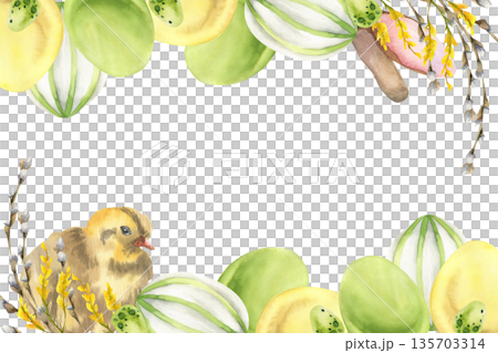 Spring festive banner with pastel colored yellow and green eggs,willow branches,cute chick and bunny ear watercolor illustration. Hand drawn Easter eggs decor,festive frame with farm animals. Spring festive banner with pastel colored yellow and green eggs,willow branches,cute chick and bunny ear watercolor illustration. Hand drawn Easter eggs decor,festive frame with farm animals. 135703314
