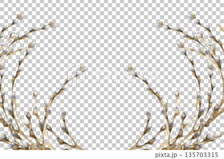 Spring floral watercolor banner with willow branches illustration. Spring branches with white pussies clipart, foliage Easter festive frame for packing ,logo, poster design. Tree part, nature painting Spring floral watercolor banner with willow branches illustration. Spring branches with white pussies clipart, foliage Easter festive frame for packing ,logo, poster design. Tree part, nature painting 135703315