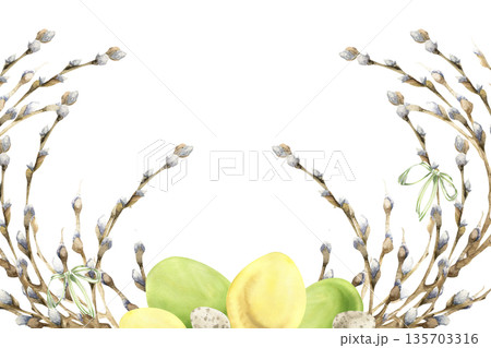 Happy Easter festive watercolor banner with willow branches, colored eggs and cute striped bows illustration. Hand drawn Spring religious decor,cathilic symbol for Easter poster, card design 135703316