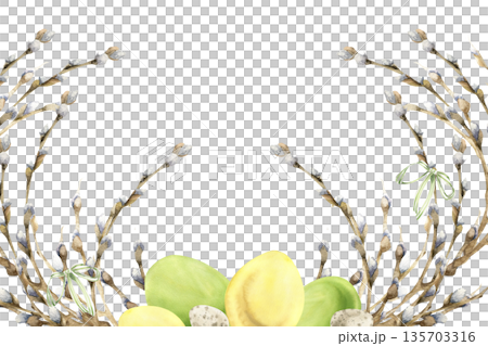 Happy Easter festive watercolor banner with willow branches, colored eggs and cute striped bows illustration. Hand drawn Spring religious decor,cathilic symbol for Easter poster, card design 135703316