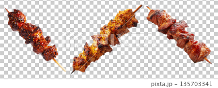 Anticuchos grilled beef meat skewer isolated on white transparent background, concept of South American barbecue cuisine 135703341