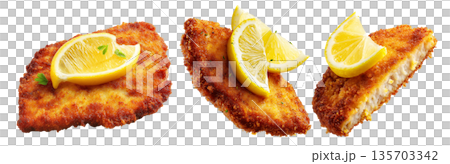 Milanesa breaded beef chicken schnitzel or cutlet with fresh lemon wedge, isolated on white background, South American Cuisine 135703342