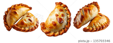 Argentina and Uruguay empanadas stacked in a pyramid, golden baked crust, meat and potato filling, isolated on white background Argentina and Uruguay empanadas stacked in a pyramid, golden baked crust, meat and potato filling, isolated on white background 135703346
