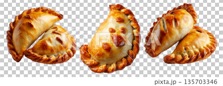 Argentina and Uruguay empanadas stacked in a pyramid, golden baked crust, meat and potato filling, isolated on white background Argentina and Uruguay empanadas stacked in a pyramid, golden baked crust, meat and potato filling, isolated on white background 135703346