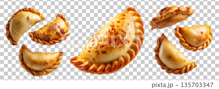 Argentina and Uruguay empanadas stacked in a pyramid, golden baked crust, meat and potato filling, isolated on white background Argentina and Uruguay empanadas stacked in a pyramid, golden baked crust, meat and potato filling, isolated on white background 135703347