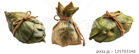 Venezuelan tamales wrapped in corn husk, tied with rustic rope, isolated on white background, representing South American cuisine Venezuelan tamales wrapped in corn husk, tied with rustic rope, isolated on white background, representing South American cuisine 135703348