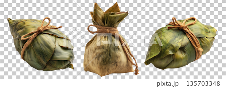 Venezuelan tamales wrapped in corn husk, tied with rustic rope, isolated on white background, representing South American cuisine Venezuelan tamales wrapped in corn husk, tied with rustic rope, isolated on white background, representing South American cuisine 135703348