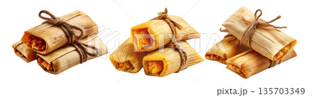 Venezuelan tamales wrapped in corn husk, tied with rustic rope, isolated on white background, representing South American cuisine Venezuelan tamales wrapped in corn husk, tied with rustic rope, isolated on white background, representing South American cuisine 135703349