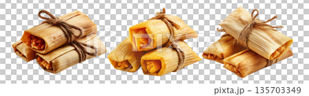 Venezuelan tamales wrapped in corn husk, tied with rustic rope, isolated on white background, representing South American cuisine Venezuelan tamales wrapped in corn husk, tied with rustic rope, isolated on white background, representing South American cuisine 135703349