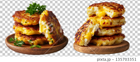 Ecuador lapingachos potato patties filled with melted cheddar cheese, isolated on white background, South American Cuisine Ecuador lapingachos potato patties filled with melted cheddar cheese, isolated on white background, South American Cuisine 135703351