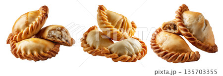 Saltenas Bolivianas baked empanadas with braided edges isolated on white background, concept of South American Cuisine Saltenas Bolivianas baked empanadas with braided edges isolated on white background, concept of South American Cuisine 135703355