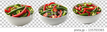 Bowl of sliced red and green chili peppers, isolated on a white transparent background. Bowl of sliced red and green chili peppers, isolated on a white transparent background. 135703365