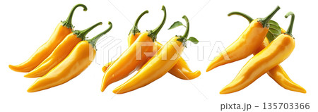 Yellow chili peppers with green stems isolated on a white transparent background. Yellow chili peppers with green stems isolated on a white transparent background. 135703366
