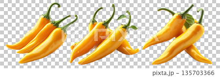 Yellow chili peppers with green stems isolated on a white transparent background. Yellow chili peppers with green stems isolated on a white transparent background. 135703366