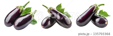 Fresh eggplants with leaves, isolated on white transparent background, concept of healthy eating Fresh eggplants with leaves, isolated on white transparent background, concept of healthy eating 135703368