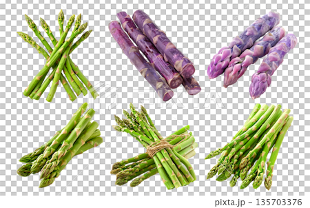 Set of Fresh green and purple asparagus spears isolated on a white background 135703376