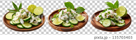 Ika Mata raw fish salad from the Cook Islands with seafood, lime, cucumber, and coconut, isolated on white background Ika Mata raw fish salad from the Cook Islands with seafood, lime, cucumber, and coconut, isolated on white background 135703403