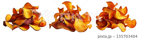 Kumara sweet potato chips isolated on white transparent background, representing healthy New Zealand snack food concept Kumara sweet potato chips isolated on white transparent background, representing healthy New Zealand snack food concept 135703404