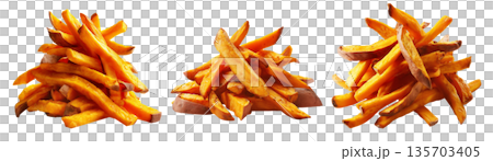 Kumara sweet potato fries served on wooden plate, isolated on white transparent background, concept of New Zealand healthy snack Kumara sweet potato fries served on wooden plate, isolated on white transparent background, concept of New Zealand healthy snack 135703405