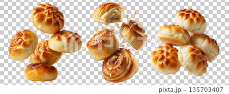 Panipopo sweet rolls baked in coconut milk with golden crust isolated on white background, concept of bakery and food freshness Panipopo sweet rolls baked in coconut milk with golden crust isolated on white background, concept of bakery and food freshness 135703407