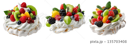Australia pavlova Meringue dessert with crisp crust and fresh berries, fruits, and mint leaves, isolated on white background Australia pavlova Meringue dessert with crisp crust and fresh berries, fruits, and mint leaves, isolated on white background 135703408