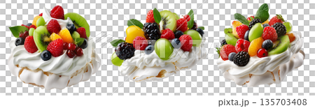 Australia pavlova Meringue dessert with crisp crust and fresh berries, fruits, and mint leaves, isolated on white background Australia pavlova Meringue dessert with crisp crust and fresh berries, fruits, and mint leaves, isolated on white background 135703408