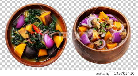 Papua New Guinea Taro and Sweet Potato Stew, thick stew of root vegetables and leafy greens, isolated on white background 135703410