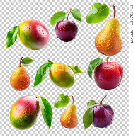 Set of mango, pear, plums or nectarine covered in dew drops with green leaves isolated on white background Set of mango, pear, plums or nectarine covered in dew drops with green leaves isolated on white background 135703413