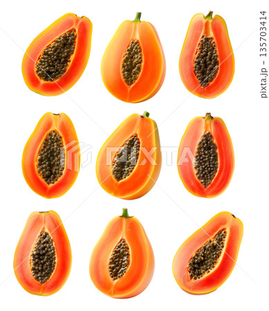 Set of Half-cut ripe papaya showcasing orange flesh and black seeds, isolated on clean transparent white background 135703414