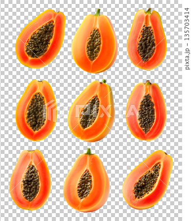 Set of Half-cut ripe papaya showcasing orange flesh and black seeds, isolated on clean transparent white background 135703414