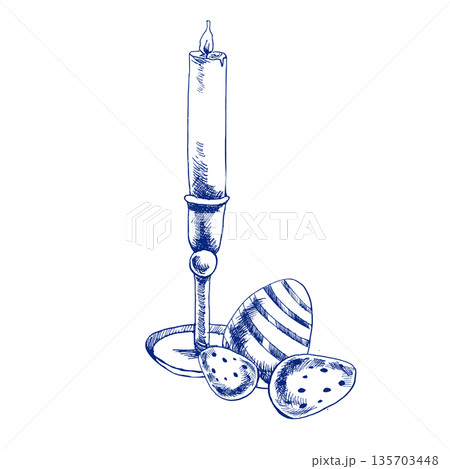Spring festive religious ink graphics clipart with candle,Eater colored eggs and spring flowers illustration. Engraved retro Happy Easter painting, line art for church decor and invitation design.	 135703448