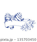 Happy Easter engraves ink illustration with striped eggs, paper banner decorated with spring flowers. Hand drawn monochrome doodle painting, Spring festive painting for religious poster, invitation	 135703450
