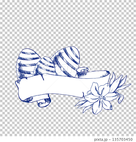 Happy Easter engraves ink illustration with striped eggs, paper banner decorated with spring flowers. Hand drawn monochrome doodle painting, Spring festive painting for religious poster, invitation	 135703450