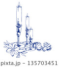 Wax candles decorated with spring flowers and colored eggs ink graphics. Hand drawn engraved Happy Easter clipart in line art style, monochrome religious painting for spring festive design	 135703451