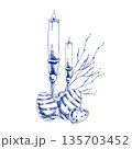 Happy Easter ink graphics in line art style with candles, striped eggs and spring branches illustration. Hand drawn religious clipart, engraved monochrome doodle for festive Easter packing ,poster	 135703452