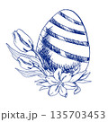 Happy Easter egg decorated with spring flowers monochrome ink graphics. Hand drawn spring festive clipart in line art style, blue retro Easter painting for poster,card design.	 135703453