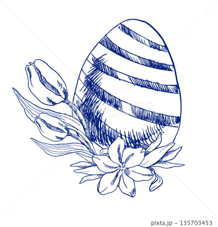 Happy Easter egg decorated with spring flowers monochrome ink graphics. Hand drawn spring festive clipart in line art style, blue retro Easter painting for poster,card design.	 135703453