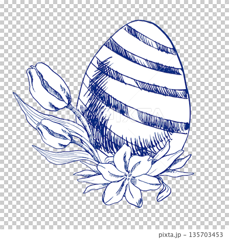 Happy Easter egg decorated with spring flowers monochrome ink graphics. Hand drawn spring festive clipart in line art style, blue retro Easter painting for poster,card design.	 135703453