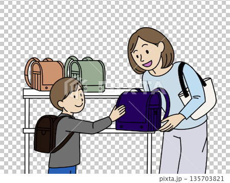 ランドセルを選ぶ親子｜男の子｜入学準備・ラン活のイラスト 135703821