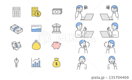 お金に関するシンプルなアイコンと人物のイラストセット　ベクター 135704409