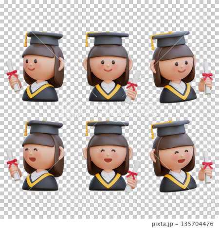 3D illustration of a female student in graduation gown holding a diploma certificate 3D illustration of a female student in graduation gown holding a diploma certificate 135704476