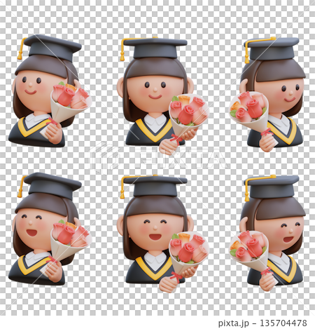 3D illustration of a female student in graduation gown holding a flower bouquet 3D illustration of a female student in graduation gown holding a flower bouquet 135704478