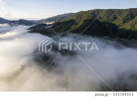 Landscape of Morning Mist with Mountain Layer. mountain ridge and clouds in rural jungle bush forest 135704553