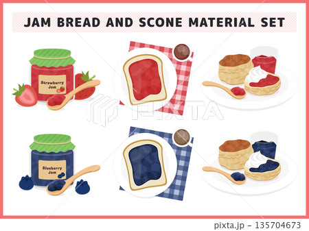 いちごとブルーベリーの自家製ジャムに焼きたてスコーンとパンの爽やかな朝食イラスト素材セット いちごとブルーベリーの自家製ジャムに焼きたてスコーンとパンの爽やかな朝食イラスト素材セット 135704673