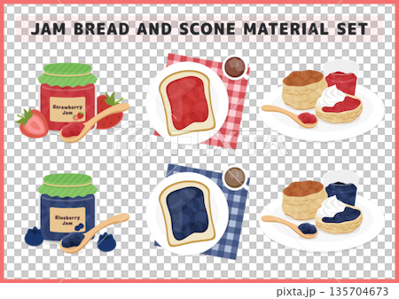 いちごとブルーベリーの自家製ジャムに焼きたてスコーンとパンの爽やかな朝食イラスト素材セット いちごとブルーベリーの自家製ジャムに焼きたてスコーンとパンの爽やかな朝食イラスト素材セット 135704673