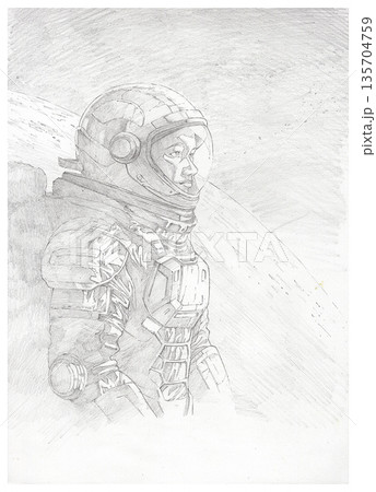 Pencil drawing of astronaut profile with futuristic space suit and planet. Pencil drawing of astronaut profile with futuristic space suit and planet. 135704759