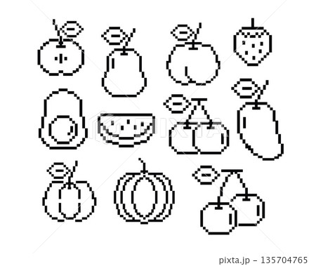 Pixel art fruit and vegetable set outlines of apple, pear, peach, strawberry, avocado, watermelon, cherry, mango, pumpkin for decoration, food icon, grocery shopping, cartoon, colouring book, art 135704765