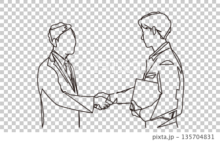 Line drawing illustration of a businessman shaking hands with a man in work clothes 135704831
