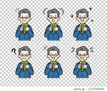 一組描繪總統、老闆和經理上半身使用智慧型手機的向量插圖，人物表情各異。 135704844