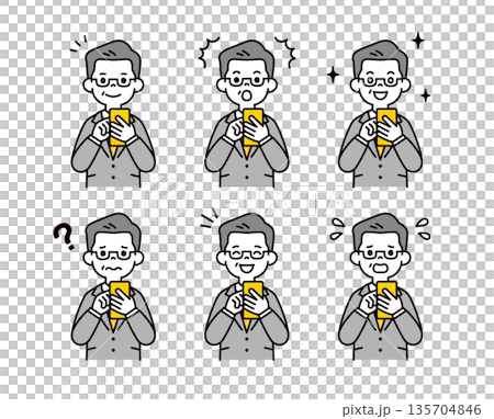 Vector illustration material set of middle-aged and elderly businessmen with various expressions and emotions operating a smartphone Vector illustration material set of middle-aged and elderly businessmen with various expressions and emotions operating a smartphone 135704846